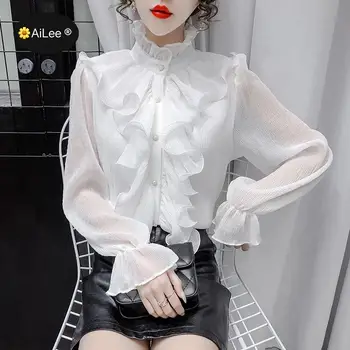 Uzun Ruffles Kollu Standı Yaka Lolita Patchwork Gömlek Femme Blusas Victoria Vintage Saray Kadın Bluz Şık Prenses Üstleri