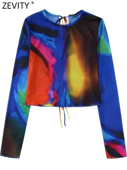 Zevity Kadın Moda Renkli Kravat Boyalı Baskı Kısa Önlük Bluzlar Kadın Geri Yay Bağlı Örgü Gömlek Şık Mahsul Blusas Tops LS2286