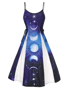 Yıldız Güneş Ay Galaxy Baskı Dantel Up Midi Casual Sundress Güneş Rahat Midi Tatil Beldesi Bir Çizgi elbise