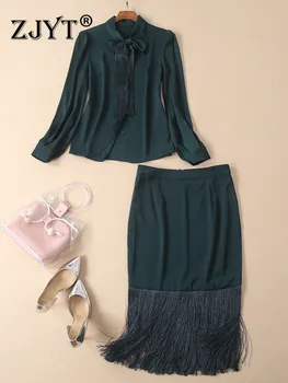 Moda Sonbahar Tasarımcısı Pist Uygun Kadın Uzun Kollu Etek 2 Parça Bluz+Yaka Püskül Ofis Bayan Kıyafet Yeşil Set Yay ZJYT 