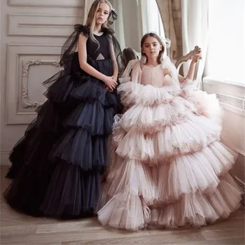 Prenses Çiçek Kız Elbise Düğün İçin V Boyun Ruffles Katmanlı Etekler Toddler Pageant Törenlerinde Tül Çocuk İlk Communion Elbise
