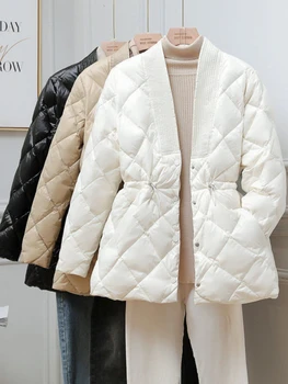 Kış Ceket Kadınlar için Ağır Ceketler Lingge Pamuk V Yaka Bel Parkas Ceket Kadın Kış Ceket Kore Moda Uzun Kollu Üst