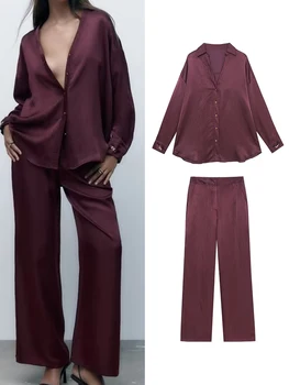 TRAF Yeni Moda Kadın Pantolon Gömlek Setleri 2022 Yaz Uzun Kollu Yumuşak İpek Bluz + Elastik Bel Geniş Bacak Pantolon Dış Giyim