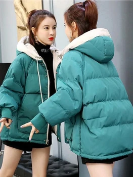 Kış Ceket Kadınlar 2022 Parkas Pamuk kadın Kısa Kore Gevşek Yeşil Kapşonlu Uzun Kollu Kadın Giyim kadın Ceket Kalın