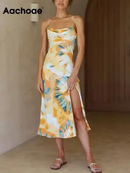 Aachoae Şık Mürekkep Baskılı Yan Bölünmüş Midi Elbiseler Seksi Spaghetto Kayış Tatil Parti bir çizgi elbise Kadınlar Backless Plaj Elbise