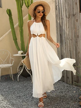 Yeni Satılan Maxi Elbise Hollow Out Beyaz Kadın Elbise Kolsuz Mayo Cover Up Pareo Kaftan uzun elbise Yan Bölünmüş Beachwear