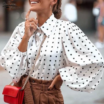 2021 Yeni Bahar Kadın Gömlek Beyaz Siyah Polka Dot Bluz Hırka Moda Kadın Üstleri Artı Boyutu Fener Kollu Bayan Giyim