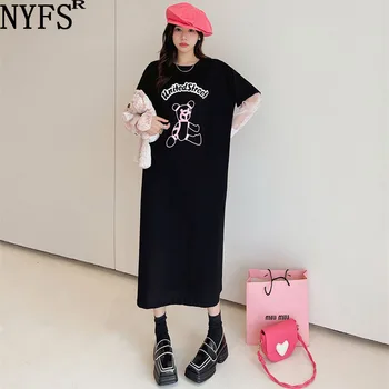 NYFS 2022 Sonbahar Yeni Kore Kadın Elbise Vestidos Robe Femme Elbise Pamuk Gevşek Artı Boyutu Ekleme Polka Dot İplik uzun elbise