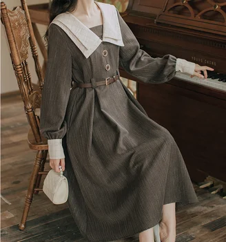 Zenci Vintage Uzun Kollu Elbise Retro Mizaç Yaka Casual Midi Elbise Japon Zarif Gömlek Elbiseler Kadınlar İçin 2022