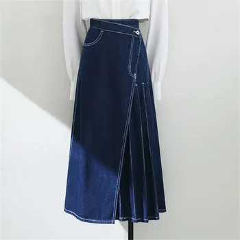 Vintage 5xl Mavi Kot Etek Kadın Kore Düzensiz Uzun Kot Etek Kore Yüksek Bel Bir Çizgi Pilili Etekler Uzun Kadın