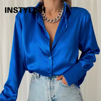 Kadınlar Zarif Saten Katı Bluz Yaz Yaka Şık Gevşek Gömlek Casual Uzun Kollu Büyük Boy Üstleri Streetwear Kore Moda Tunik