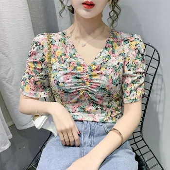 Yaz Çiçek Baskı Kadın Bluz Şifon Bluzlar Puf Kollu V Boyun Plaj Gömlek Ofis İş Gömlek Blusas Feminina Üst