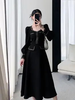 Sonbahar Bahar Yeni Zarif Vintage Midi Siyah Elbise Moda Ofis Bayan Elbise Uzun Kollu Parti Tek Parça Kadın Giysileri