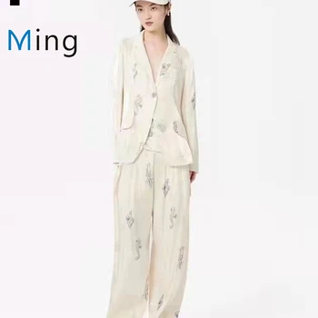 2022 Yeni Pijama Tarzı kadın Moda İnce Deniz Baskı Gevşek Blazer + Düz pantolon seti