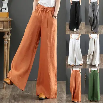 2022 Kadın Vintage Nedensel Pamuk Keten Yüksek Bel Pantolon Paspas Düz Pantolon