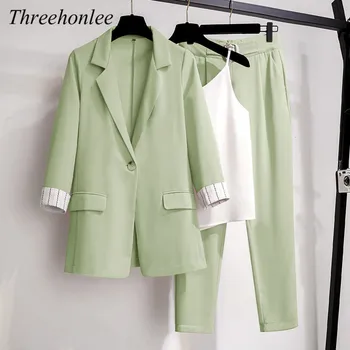 Kadın Üç Parçalı Blazer Setleri Sonbahar 2021 Katı Ceket Yelek Ve Geniş Bacak Pantolon Artı Boyutu Rahat Bayan Ofis Zarif Takım Elbise