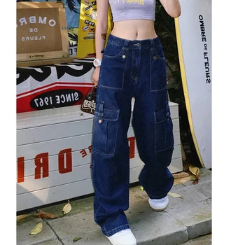 Kadın Vibe Vintage Kargo Kot Moda Cep Yüksek Bel düz Pantolon Yüksek Sokak Baggy Mop Denim Pantolon Bayanlar Yaz
