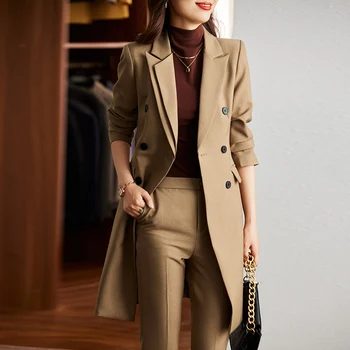 Haki Yüksek Kalite Sonbahar Kış Resmi Bayanlar Uzatmak Blazer Kadın iş elbisesi Iş Elbisesi Ofis Üniforma Pantolon Ceket Setleri