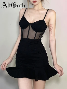 AltGoth Koyu Akademi Gotik siyah elbise Kadın Streetwear Zarif Straplez Yüksek Bel Korse Elbise Seksi Mesh See Through Elbise