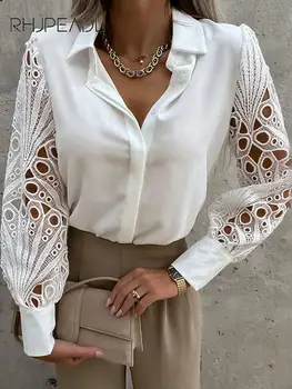 Zarif Dantel Gömlek Kadınlar Casual Uzun Kollu Beyaz Siyah Düğme Bluzlar Üst 2022 İlkbahar Yaz Moda Ofis bayan Gömlek Tops