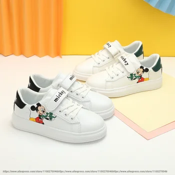 Disney Mickey Dinozor Baskı beyaz ayakkabı Bayanlar Bahar Deri Spor Rahat okul ayakkabısı Öğrenci Moda Spor Ayakkabı Boyutu 24-37