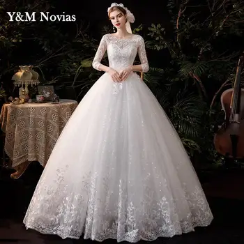Yeni Sevgiliye Üç Çeyrek Zarif düğün elbisesi Kollu Uzun Dantel Nakış Tren gelin kıyafeti Artı Boyutu Vestido De Noiva