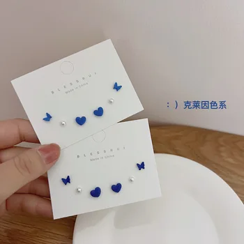 S925 Gümüş İğne Mavi Renk Kalp Kelebek Saplama küpe seti Kadınlar Kızlar için Basit Narin Kalp Geometrik Küpe Hediyeler