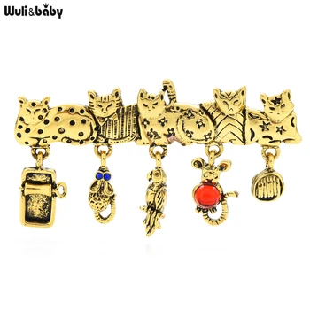 Wuli ve bebek Vintage Kesim Kediler Broş Pins Kadınlar Ve Kız İçin Broş 2021 Moda Metal Püskül Takı Hediye