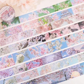 Sevimli Washi Bant Sakura Dekoratif Yapışkan Bant Scrapbooking Kedi 5m Washi Bant Kawaii Kırtasiye Günlüğü Malzemeleri Maskeleme Bandı