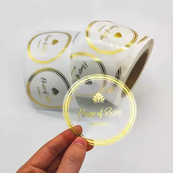 Özelleştirilmiş Su Geçirmez Şeffaf Daire logo etiketi Rulo Kişiselleştirilmiş Metal Altın Folyo Temizle logo çıkartması Özel Baskı