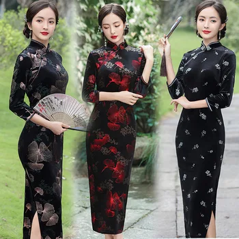 Sonbahar Kış Kadife Qipao Elbise Çince Geleneksel Uzun Cheongsam Kadın 3/4 Kollu Kadife Akşam Partisi Törenlerinde