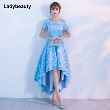 Ladybeauty 2020 Gök Mavisi Abiye Kısa Ön Uzun Arka Parti Törenlerinde Dantel Dantel yaprakları O-boyun vestidos de festa Resmi