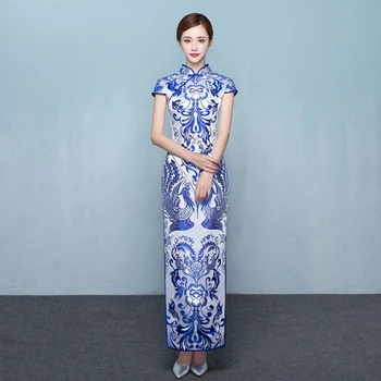 Mavi Beyaz Cheongsam Seksi Qipao Uzun Geleneksel Çin Akşam Qipao Elbise Chinois Femme Robe Longue Chinoise