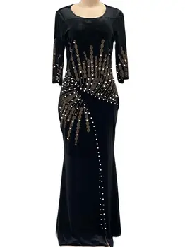 Yeni Stil Klasik Tasarım Afrika Kadın Giyim Dashiki Moda Streç Kadife Kumaş Çok Sıcak Matkap Tırnak Boncuk Uzun elbise