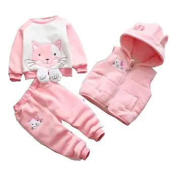 2020New çocuk giyim Erkek Kız Bebek Sonbahar Ve Kış Artı Kadife Kalınlaşma Kapşonlu Karikatür kedi Üç Parçalı Bebek Takım Elbise 0-5Y