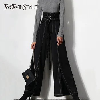 TWOTWINSTYLE Minimalist Siyah Bölünmüş kadın pantolonları Yüksek Bel Geniş Bacak Patchwork Gevşek Kadın Giysileri 2022 Bahar moda giyim