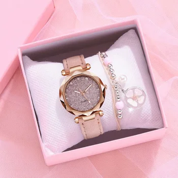 Kadın quartz saat deri kayış İle lüks yıldızlı arama kol saati moda Sakura bilezik