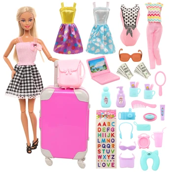 Moda 32 adet Dollhouse Mobilya 27 Bebek Aksesuarları = Bavul Bilgisayar Kabarcık Etiket Güneş Gözlüğü 5 Elbise Elbise Barbie
