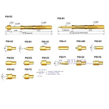 100 adet Yaylı Test Probu P50 Serisi Çıplak PCB Test Pogo Pin Altın Kaplama Anma 3A Ucu Tarzı seçin sipariş