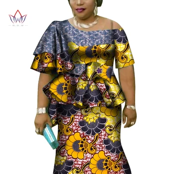 Afrika Ruffles Kollu Baskı Üstleri ve Etek Setleri Kadınlar için Bazin Riche afrika kıyafeti 2 Adet Özelleştirmek Etek Setleri WY4392