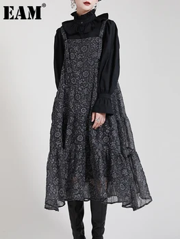 [EEM] Kadınlar Siyah Desen Baskılı Şifon Uzun Spagetti kemerli elbise Yeni Kolsuz Gevşek Fit Moda İlkbahar Sonbahar 2023 1DE2080