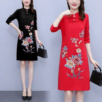 Etnik Tarzı Nakış 2022 Qipao Kadınlar Vintage çin elbisesi Modern Geliştirmek Kadın İnce Cheongsam Tang Takım Elbise Yeni Siyah Kırmızı