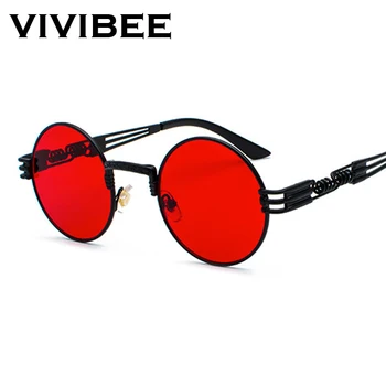 VIVIBEE 2021 Trend Siyah Yuvarlak Güneş Gözlüğü Kadın Hip Hop güneş gözlüğü Punk Erkekler Steampunk Gözlüğü Lüks Kaya Aksesuarları