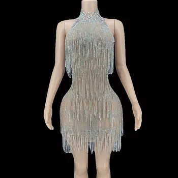 Seksi Gümüş Rhinestones Kristaller Saçaklar Backless Elbise Akşam Doğum Günü Düğün See Through Performans Akşam Streç Kostüm