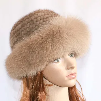 Gerçek vizon kürk kadın şapka Tilki kürk bere kapaklar Kış kadın şapka Moda vizon kürk örgü şapka