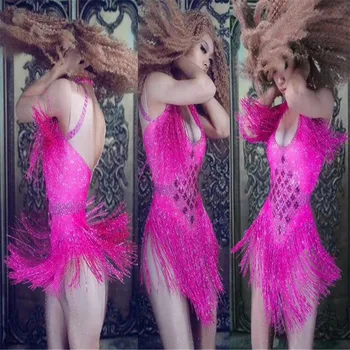 Seksi Sparkly Rhinestones Püskül Gece Kulübü Dans Kostümleri DJ DS Gösterisi Sahne Giyim Bodysuit Parti Kadın Şarkıcı Kıyafet