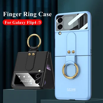 Parmak Yüzük Mat İnce samsung kılıfı Galaxy Flip4 Z Flip 3 4 Kapak Sert Plastik Arka Kamera İle Temperli Cam Durumda Anahtarlık