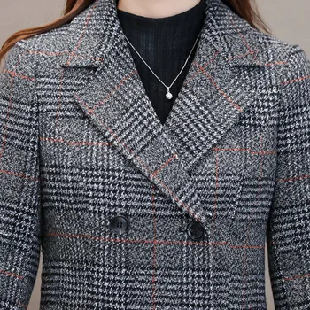 Kış Yün Karışımları Rahat Ince Ceket Kadın Zarif Ekose Trençkot Kalın Giyim Hırka Kadın Kaşmir Palto