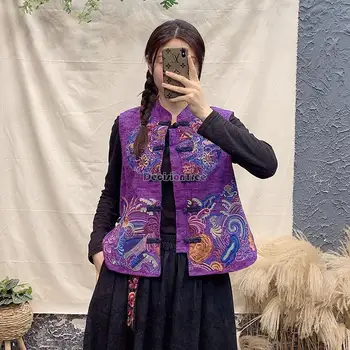 Çin ulusal nakış yelek kadın zarif pamuk keten yelekler kolsuz ceket kadın kısa qipao tarzı yelek çin tops