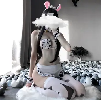 Sevimli Japon Kız Seksi Kuyruk Kız Arkadaşı İnek Hizmetçi Cosplay Seksi Kostümleri Bikini Mayo Anime İç Çamaşırı Lolita sütyen ve külot seti